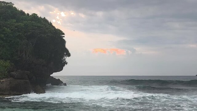 View of the southern sea of ​​Malang, East Java, Indonesia, with fierce waves