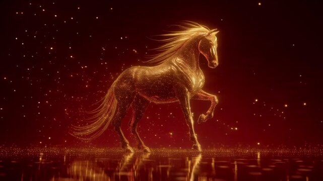 Chinese New Year and Year of the Horse theme featuring an elegant golden calligraphy character &lsquo;Horse&rsquo; on a red background. Perfect for greeting cards, posters, and New Year decorations.