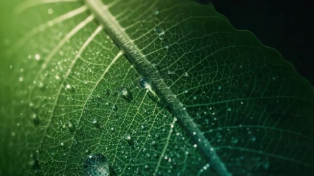 Dew on green leaf close up with sparkling droplet vein texture macro nature calm reflecting light