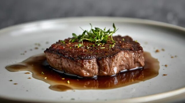 Seared grilled steak medallion with glaze, microgreens, beef sauce and savory elegant plating