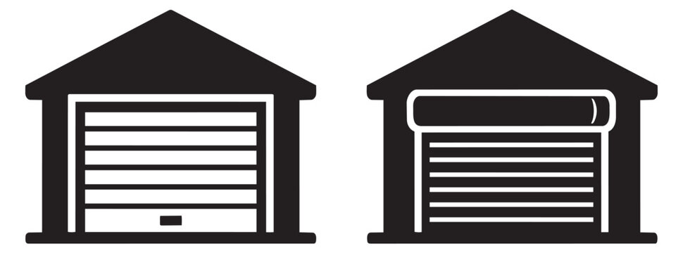Iconic graphic garage icon set featuring garages with closed and opening roller doors for real estate and property design