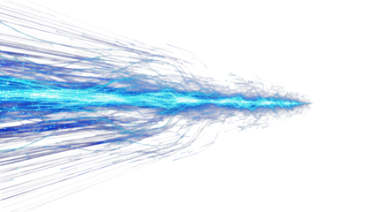 abstract 3d render of ultra-thin, electric cyan and deep blue fiber-optic plasma streams rapidly flowing through a pitch black void with extreme copy space, concept of massive digital bandwidth