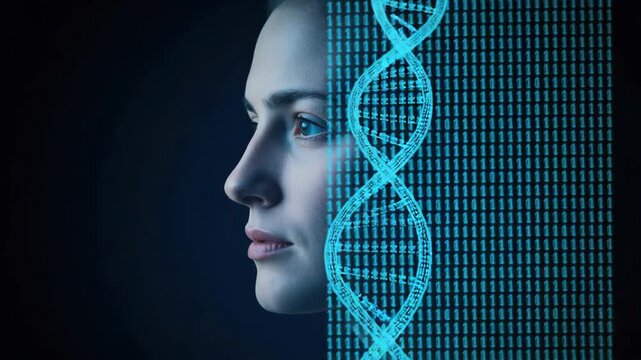 Young woman profile face with digital DNA helix and binary overlay conveying biotechnology profile