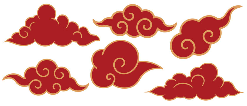 Chinese style clouds. Traditional korean clouds. Flat chinese or japanese red cloud silhouettes, decorative asian festival elements, oriental graphic decent vector set