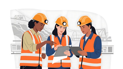 Diverse team of women engineers working on construction site discussing blueprints in safety vests and hard hats