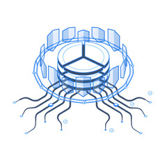 Isometric illustration of artificial intelligence core with connected neural data streams.