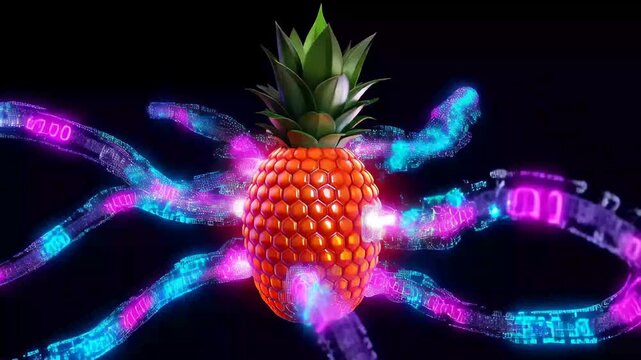 Showing a pineapple model with digital effects and colorful patterns in a dark background setting