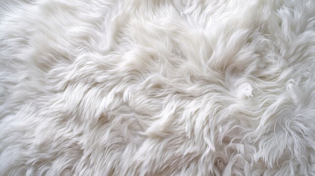 A close view of white fur lies spread out on a flat surface. The fur shows flowing patterns and soft textures that catch light in various ways. This captures the detailed look of the fibers.