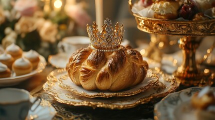 A delectable baked dessert adorned with a crown, presented on an ornate gold plate. The pastry is set against a table draped with luxurious fabric and surrounded by elegant porcelain dishes.