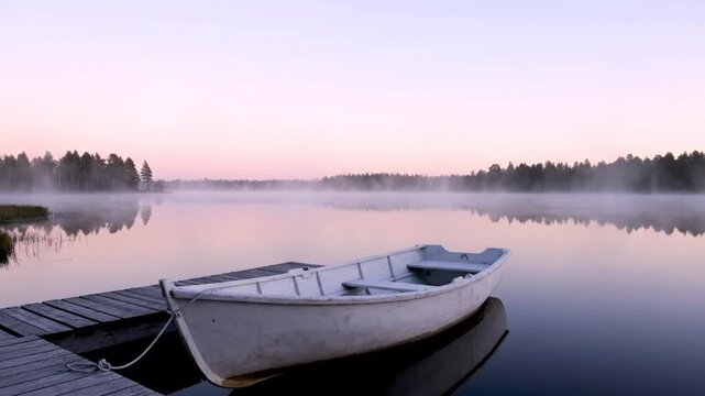 Serene white rowboat tied to a wooden dock on a misty lake at sunrise calm water and forest silhouette peaceful morning landscape