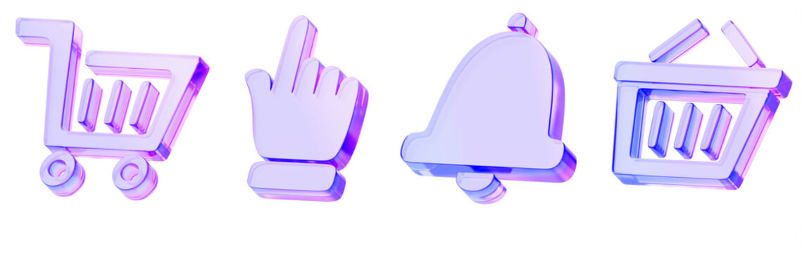 Ecommerce, retail and shopping 3d icon set. Glass holographic cart, hand click, notification bell and basket, isolated elements for online store, internet shop, market or supermarket