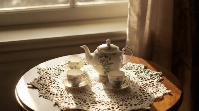 Vintage porcelain teapot cup saucer floral lace trio on crocheted doily bathed in warm window light