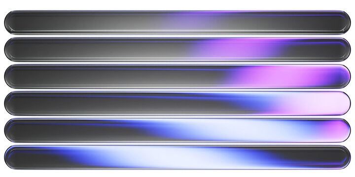 Neon glass frames, transparent long buttons with purple blue gradient on black background. Navigation menu for website. Web search bar icons. Crystal rectangle banners, rounded design