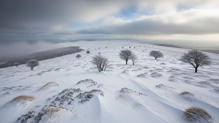 Serene winter landscape with bare trees on snowy hillside under cloudy sky, natural light creating peaceful atmosphere with cold tones and gentle shadows