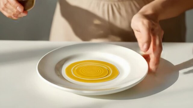 Hand pouring olive oil into white plate creating golden swirl and concentric pouring pattern