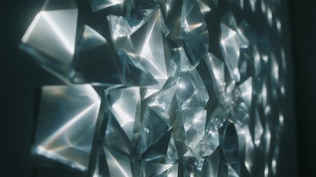 Shiny metallic geometric shapes reflecting light in a dark background.