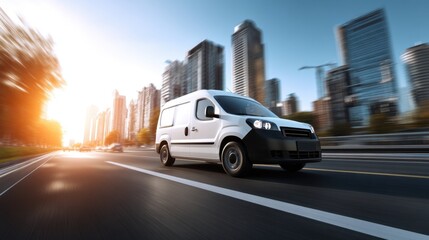 A delivery van drives fast on a busy street in the city. Tall buildings rise on both sides. The sun sets casting a warm glow on the scene. Trees line the road.