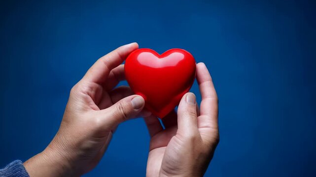 Hands holding a red heart against a blue background in an indoor setting during the day - Powered by Adobe
