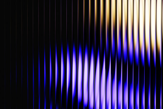 Neon ribbed fractal glass 3d background. Holographic vertical stripe pattern with vibrant purple blue yellow gradient. Abstract black bg, iridescent texture lines in radiant colors