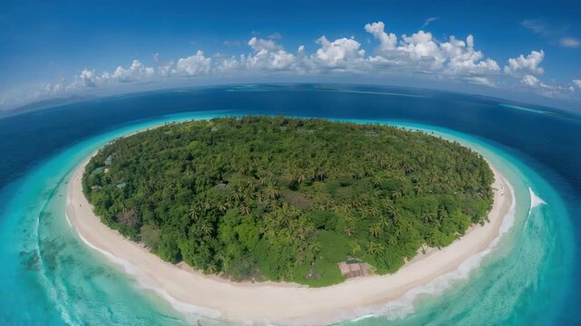 Tropical island palm paradise with white sand beach, turquoise lagoon and lush tropical palm forest