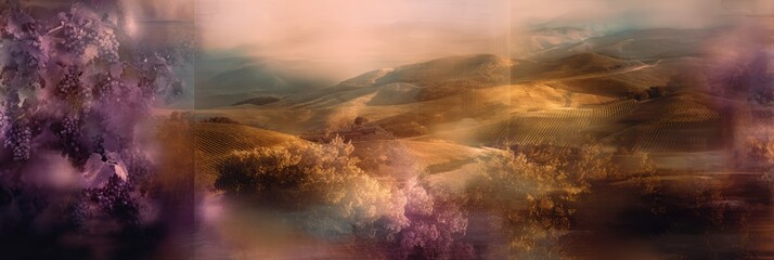 Sunset Over Rolling Vineyards With Grape Clusters in Golden Hour Light, Ideal for Showcasing Wine Tours and Culinary Trips to Wine Regions