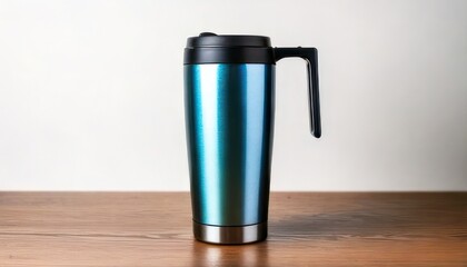 Stylish Blue Stainless Steel Travel Mug on Wooden Table.