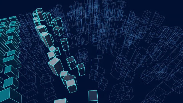 3D System Optimization Wireframe Data Blocks Vertical Scan Line Blue Cyan Aligned Glowing Geometry Seamless Loop 4K ProRes 422 HQ