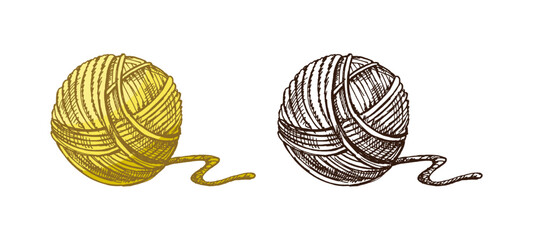 Hand drawn vintage sketch of yellow yarn ball in color and monochrome versions, knitting thread vector illustration
