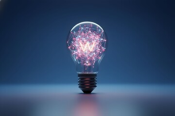 A glowing light bulb with pink and purple particles emits a bright light on a dark blue background with a reflective surface