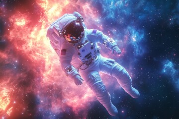 Fototapeta premium Astronaut in space surrounded by nebulae and stars.