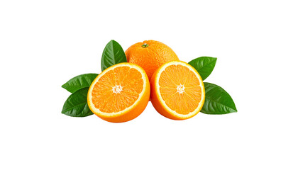 Ripe oranges and mandarins, along with green leaves, are prominently arranged against a white background