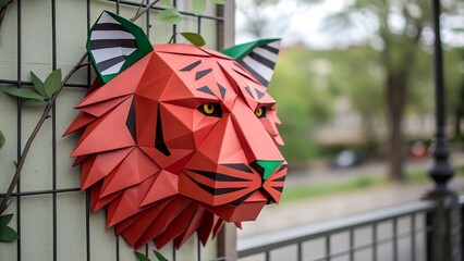 Vibrant origami tiger head on metal fence with green leaves