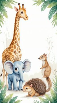 Cute Animal Pattern Featuring Giraffes, Elephants, Squirrels, and Hedgehogs with Palm Leaves