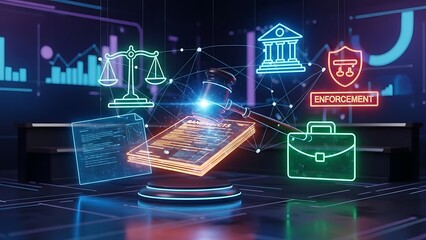 Fototapeta premium Digital law concept judges hammer with justice and legal symbols