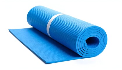 Rolled-up blue exercise mat on white background, partly unrolled, showing texture