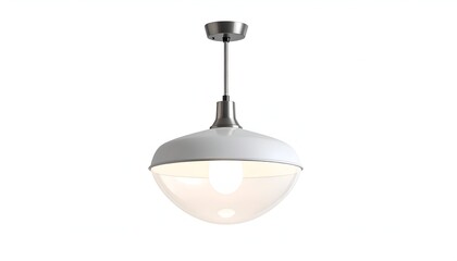 Pendant lamp with a white metal shade and clear glass. Silver accents and a central lightbulb