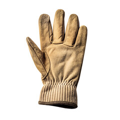 Close-up of a single tan leather work glove on black background