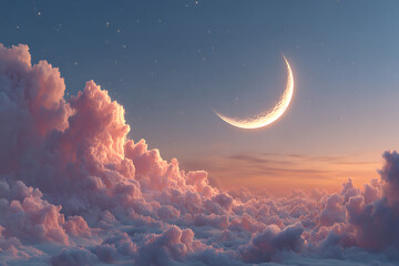 Serene crescent moon shining brightly in a starry night sky with fluffy pink clouds at sunset