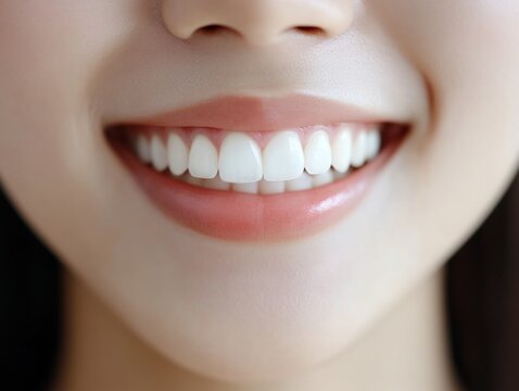 Smiling female's face with bright smile, clear skin, and perfect straight white teeth. High-resolution portrait suitable for dental or cosmetic advertisements.