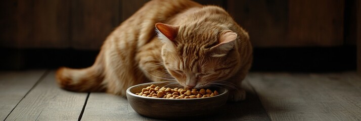 An orange tabby cat savoring its breakfast from a bowl on a wooden surface.