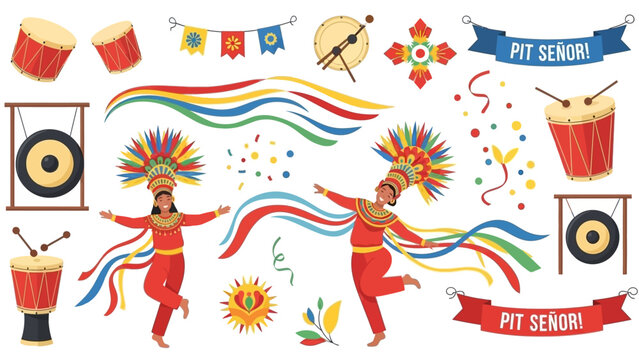 Colorful Sinulog Festival Elements Illustration Dancers, Drums, and Festive Decorations