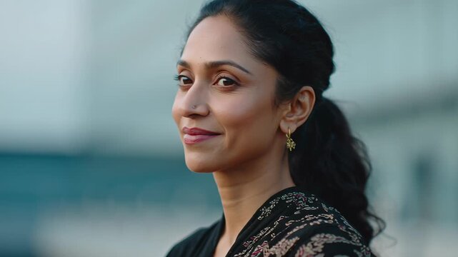 Portrait of indian woman entrepreneur, calm confident expression, soft daylight, clean background, modern leadership aesthetic, confidence leadership business