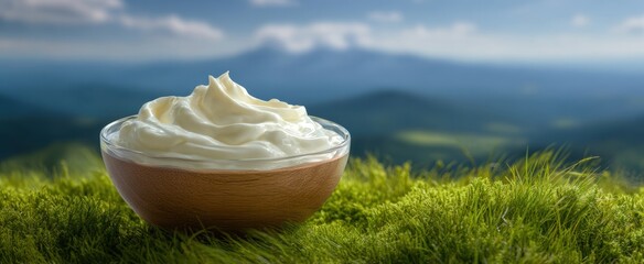The bowl of creamy yogurt on mossy grass overlooking distant misty mountain landscape