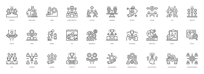 Competitor line style icon set. Containing Competitor, Market Leader, Optimist, Business Competitor, Tug Of War, Comparison