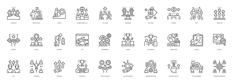 Competitor line style icon set. Containing Competitor, Market Leader, Optimist, Business Competitor, Tug Of War, Comparison