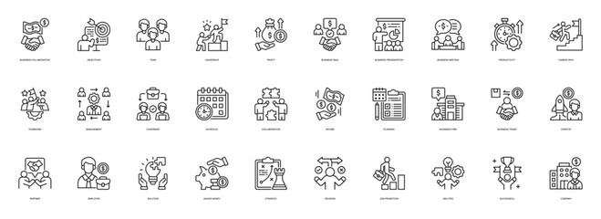 Business Partnership line style icon set. Containing Business, Collaboration, Objectives, Team, Leadership, Profit, Deal