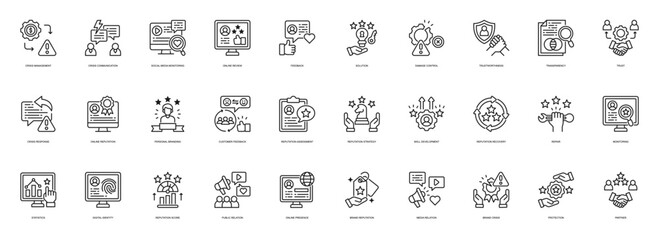 Reputation line style icon set. Containing Crisis Management, Social Media Monitoring, Online Review, Feedback, Solution, Damage Control