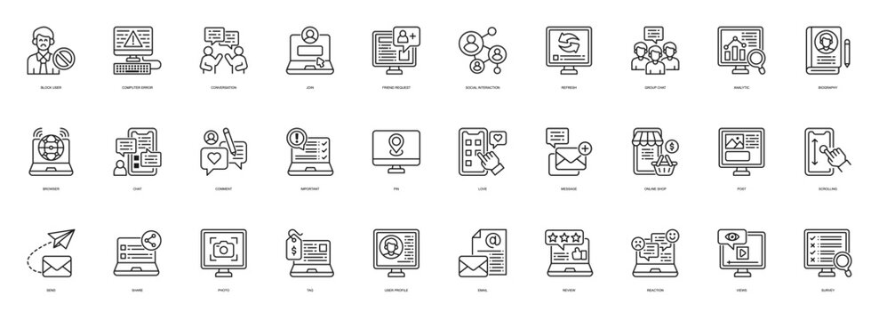 Social Media Interactions line style icon set. Containing reputation, brand image, credibility, trust, trustworthiness, transparency