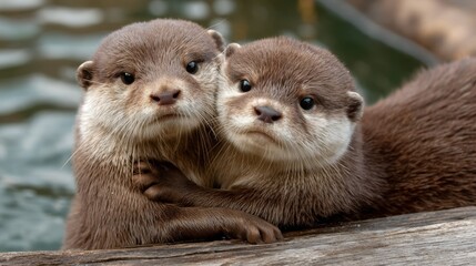 Two otters sit closely on a log near the water's edge. They appear relaxed and attentive while enjoying their surroundings on a sunny day.