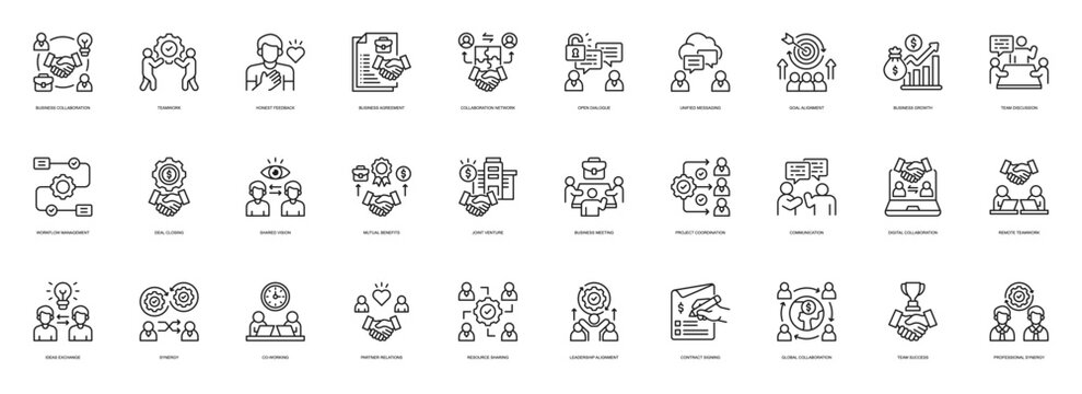 Successfull Bussiness line style icon set. Containing Business Collaboration, Teamwork, Honest Feedback, Business Agreement, Open Dialogue
